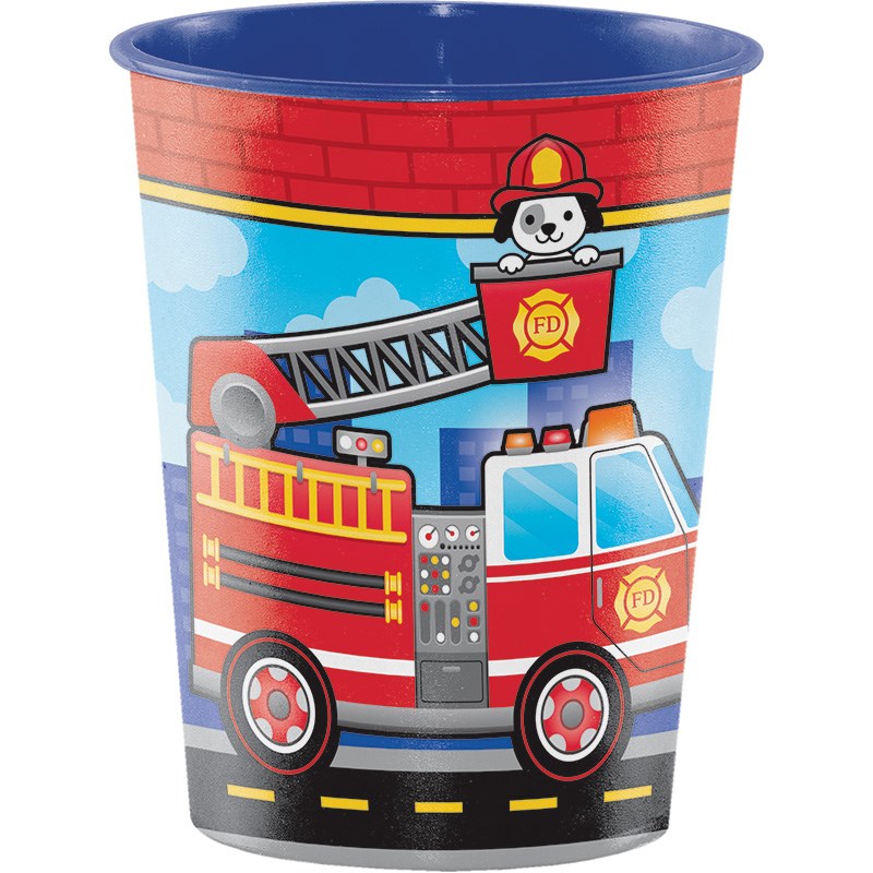 16oz plastic cup with red fire truck and Dalmatian firefighter dog on blue sky background.