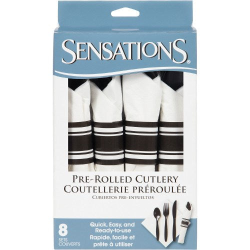 Pack of eight black and white pre-rolled napkin sets with cutlery inside, striped design.
