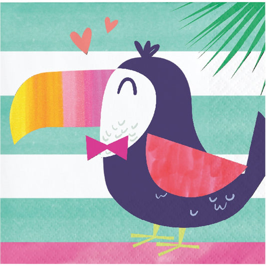 Small square napkin with colorful cartoon toucan wearing a pink bow tie, pink hearts, and teal striped background.