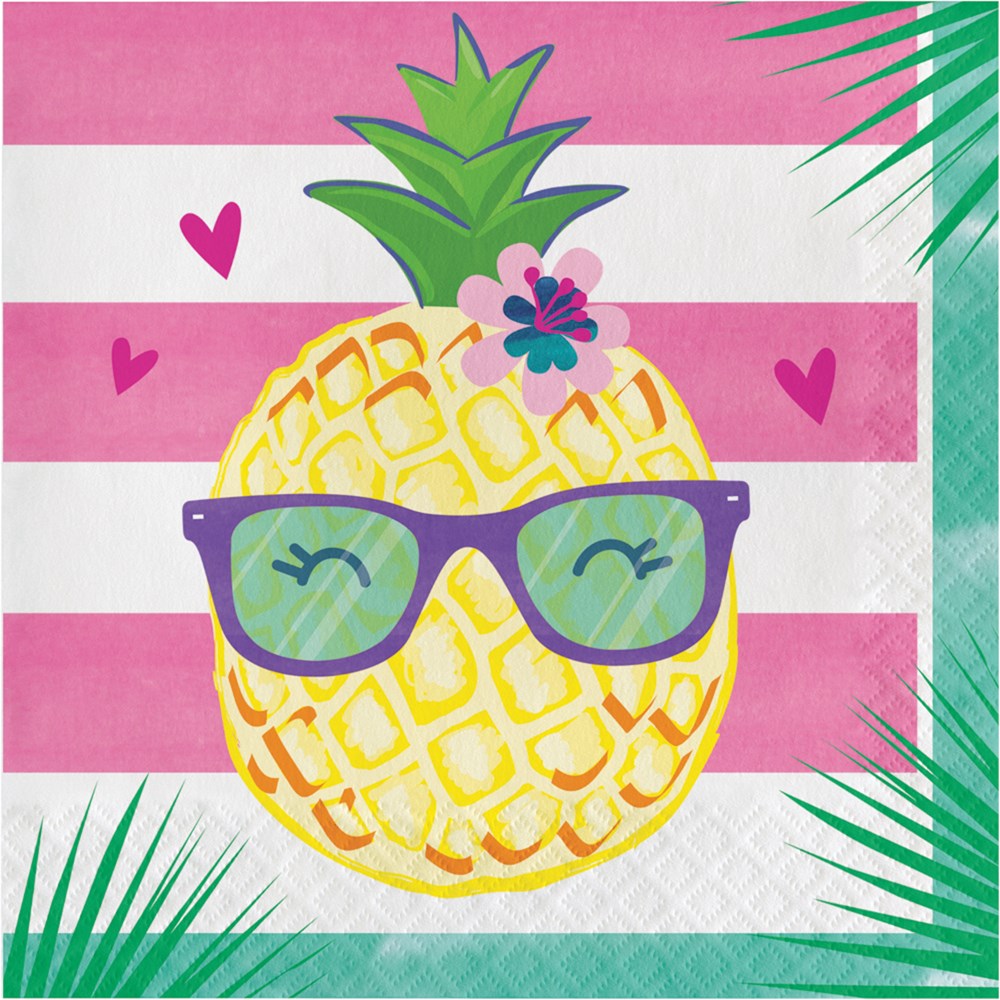 Napkin with cartoon pineapple wearing purple sunglasses, pink flowers, pink hearts, and pink-white stripes.