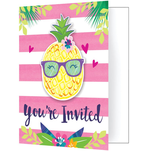 Bright invitation card with a smiling pineapple wearing teal sunglasses on pink and white stripes.
