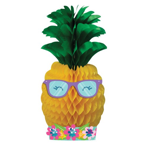 Yellow honeycomb paper pineapple centerpiece with green tissue paper leaves, purple glasses, and a colorful floral base.