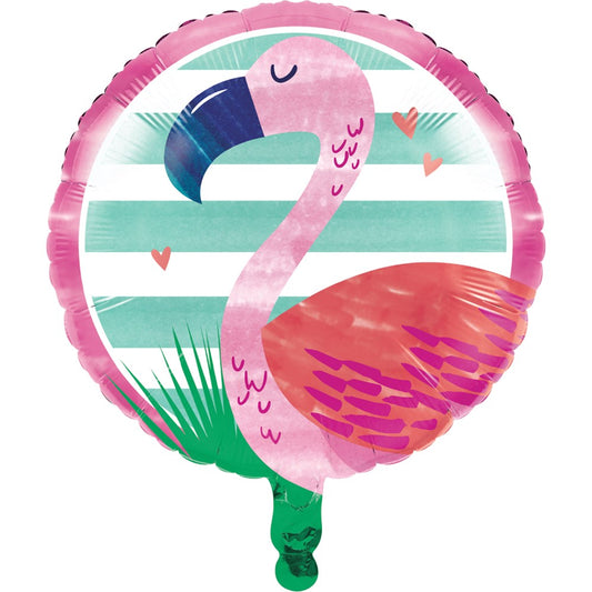 Round metallic balloon with pink flamingo on teal and white striped background and pink border.