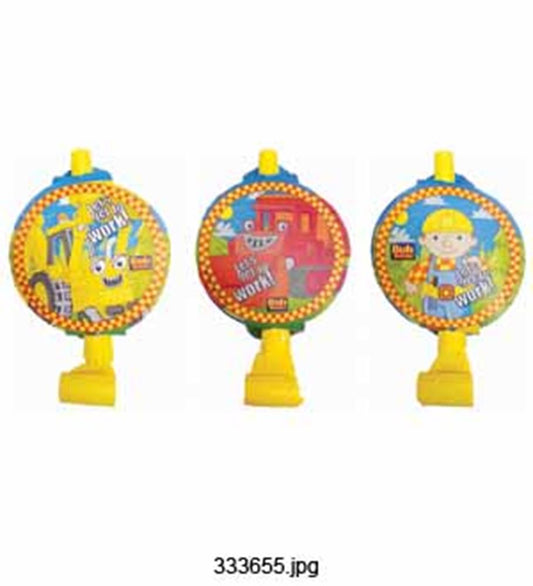 Set of three colorful round party blowouts featuring Bob the Builder characters in yellow, red, and blue backgrounds with.