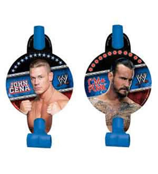 Pair of WWE-themed blowout party favors featuring John Cena and CM Punk with blue plastic mouthpieces and star-studded.