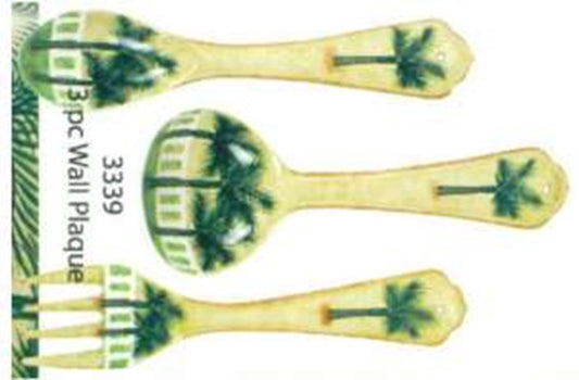 Three wooden wall plaques shaped like palm trees in varying sizes with green palm leaf designs and a natural wood finish.