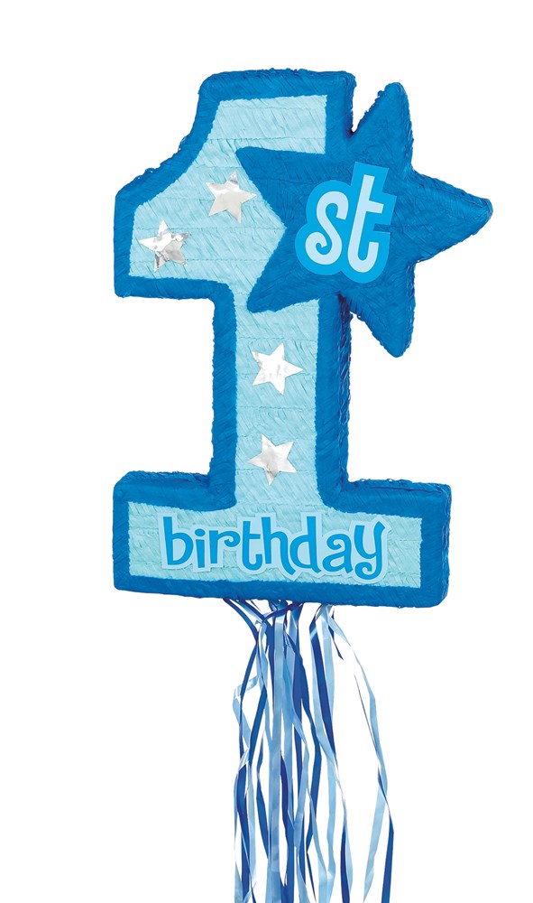 Blue foil balloon shaped like the number one with white stars, "1st" in a smaller blue star, and "birthday" text at the base
