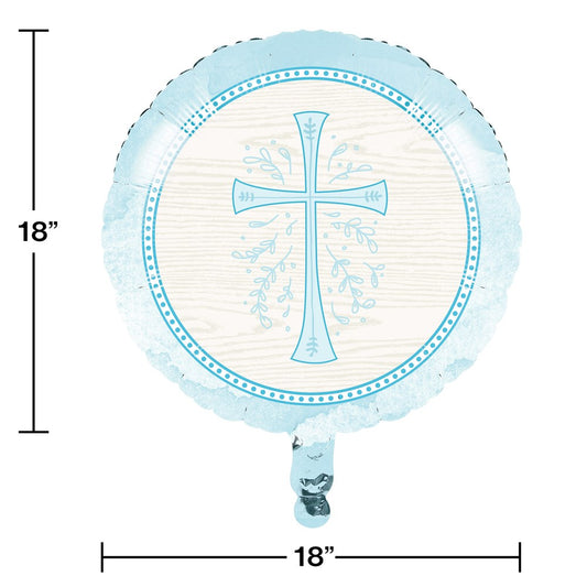 Light blue round foil balloon with a white center featuring a decorative cross and floral motif, 18 inches wide.