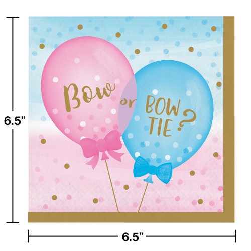 Square napkins with pink and blue balloons, gold "Bow or Bow Tie" text, and confetti on blue and pink background.