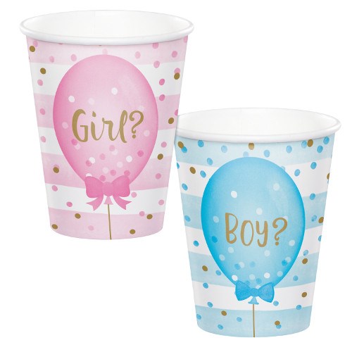 Plastic gender reveal cups featuring pink balloon with "Girl?" and blue balloon with "Boy?" text, polka dot accents.