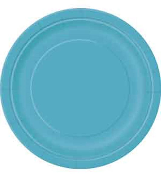 Round large plate in vibrant Caribbean teal with smooth, slightly raised rim, durable material.