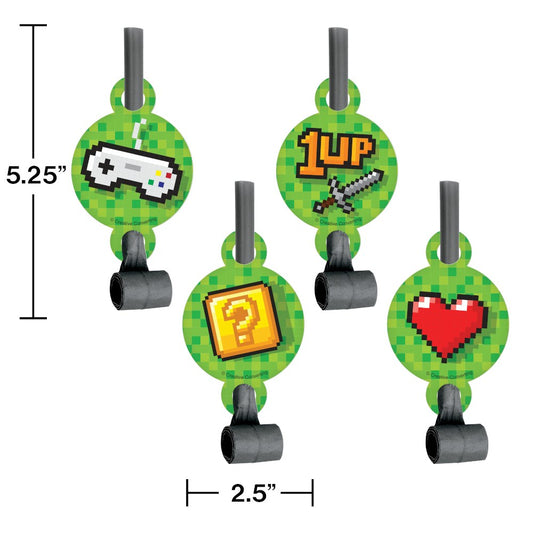 Green pixelated gaming-themed party blowouts with pixel heart, sword, 1UP, and question block designs, 5.25 inches tall.