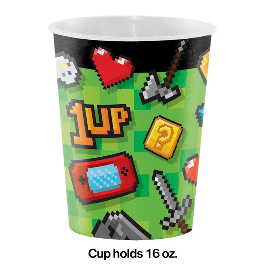 Green plastic cup with 16-bit style gaming icons including heart, sword, and 1UP text, holds 16 oz.