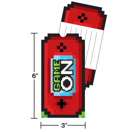 Red pixelated handheld gaming console party invitation with "GAME ON" text and black buttons, 6 by 3 inches.