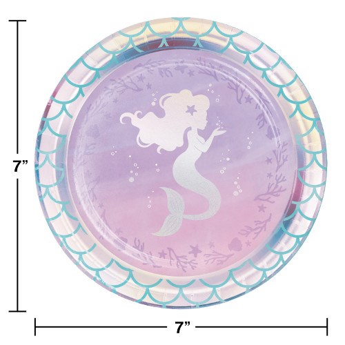 7-inch round iridescent luncheon plate with pastel purple center, white mermaid silhouette, and teal scale border.