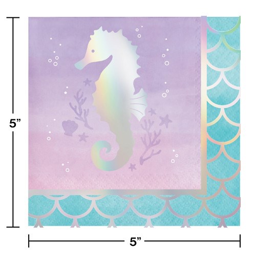 Square beverage napkin with iridescent purple background, pastel seahorse, and turquoise scale-patterned border.
