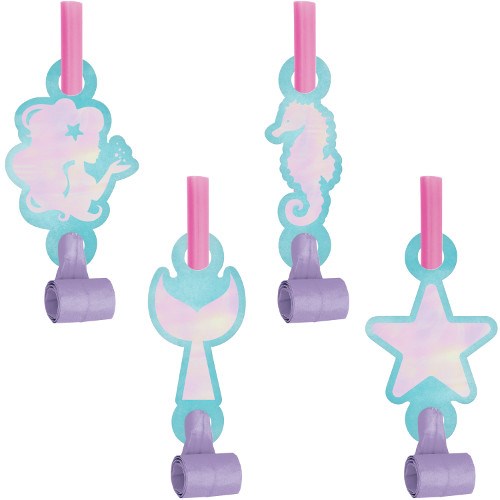 Set of eight pastel-colored blowouts featuring mermaid-themed designs in pink, lavender, and teal with shapes like seahorse,