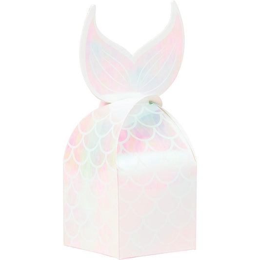 Iridescent pastel favor box with embossed mermaid scale pattern and fin-shaped top closure.