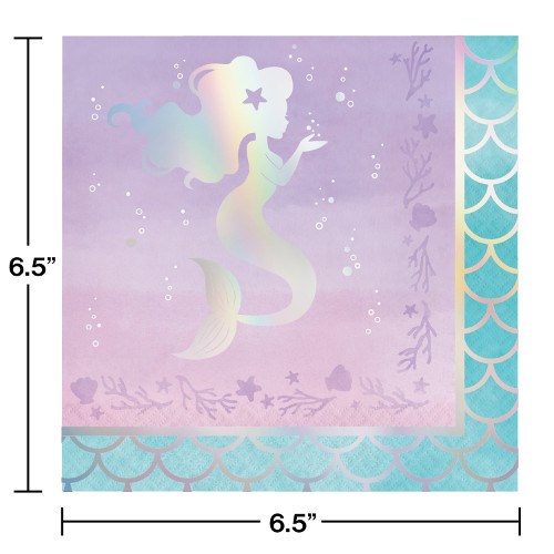 Square iridescent luncheon napkin with pastel purple background, mermaid silhouette, and turquoise scallop border.