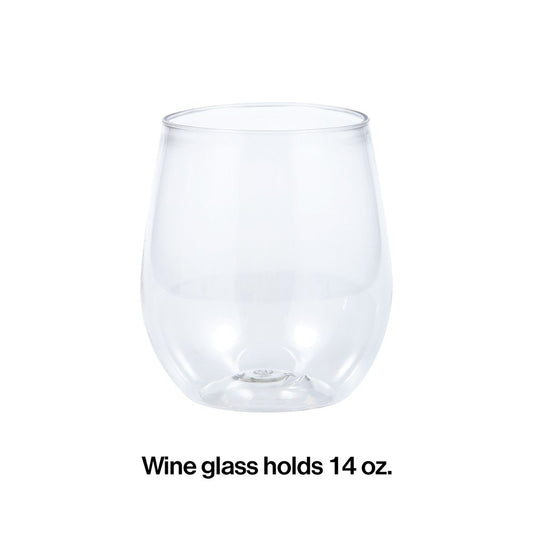 Clear, rounded stemless wine glass with smooth rim, holds 14 oz, transparent glass material.