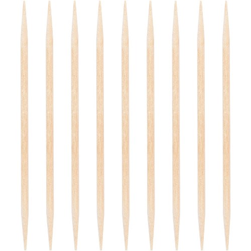 Set of eight light brown wooden toothpicks with pointed ends aligned vertically on white background.