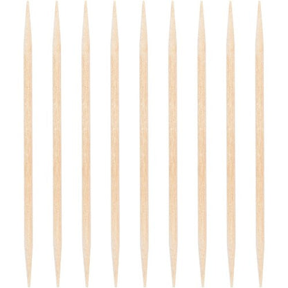 Set of eight light brown wooden toothpicks with pointed ends aligned vertically on white background.