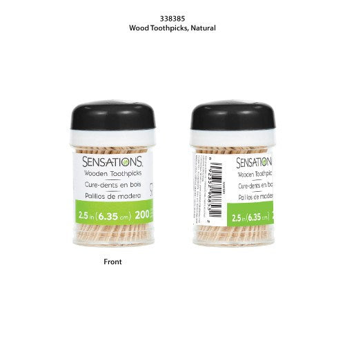 Clear plastic jar with black lid holding 200 natural wood toothpicks, labeled Sensations, 6.35 cm long.