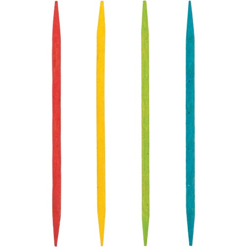 Four colorful wooden toothpicks in red, yellow, green, and blue with pointed ends.