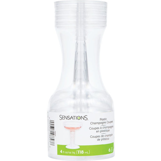 Clear plastic stemless champagne cups with a 4oz capacity, stacked in a set of six.