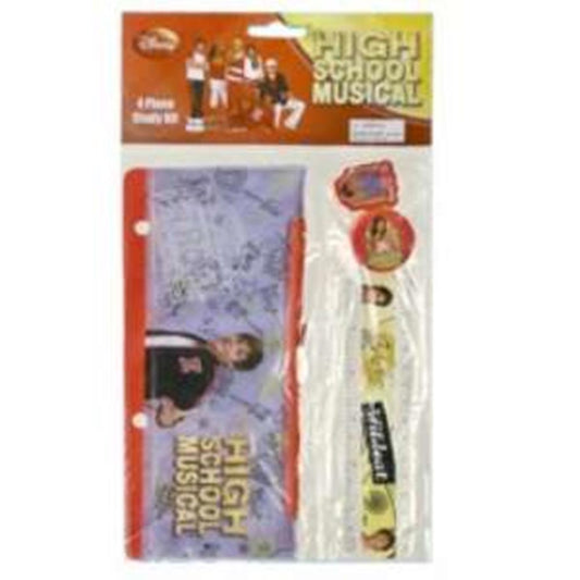 High School Musical-themed stationery set with purple pencil case featuring cast images, yellow ruler, pencil, eraser, and.