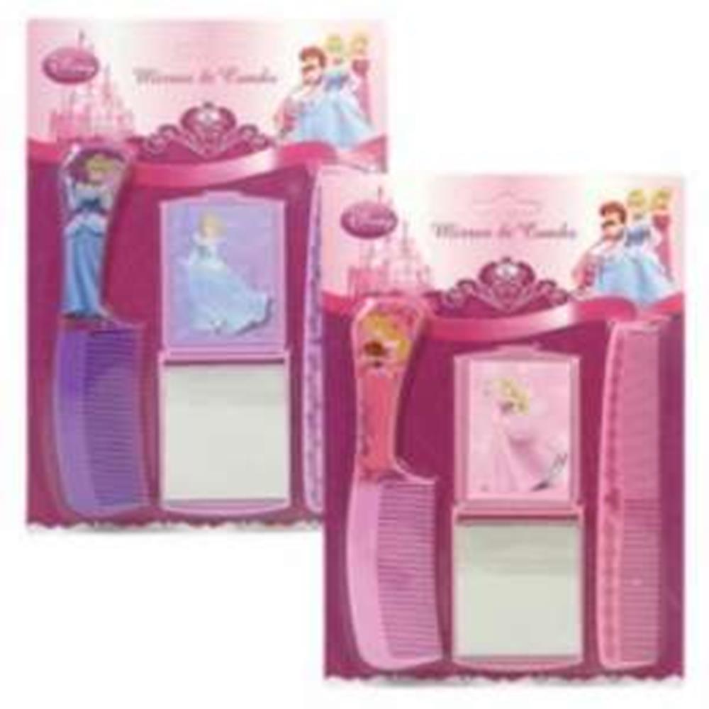 Pink plastic princess-themed mirror and comb set with illustrated fairytale princesses on packaging.