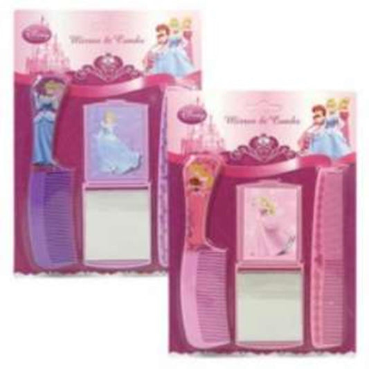 Pink plastic princess-themed mirror and comb set with illustrated fairytale princesses on packaging.