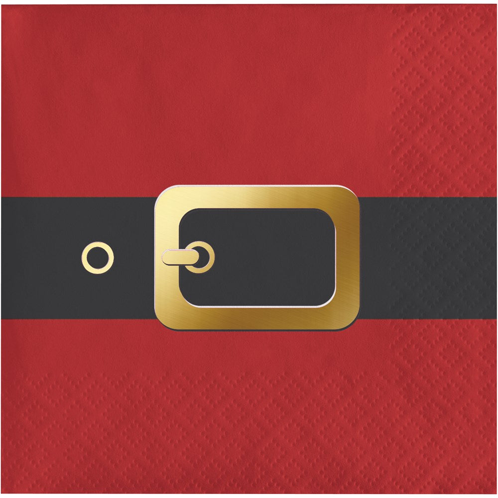 Red beverage napkin with black belt and gold buckle design, textured paper material.