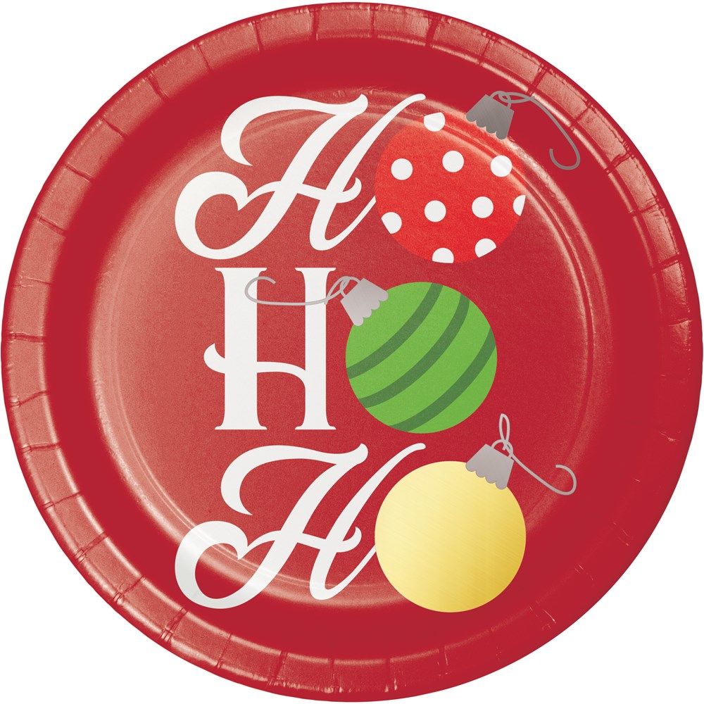 Red 7-inch round foil plate with white "Ho Ho Ho" text and colorful Christmas ornaments design.
