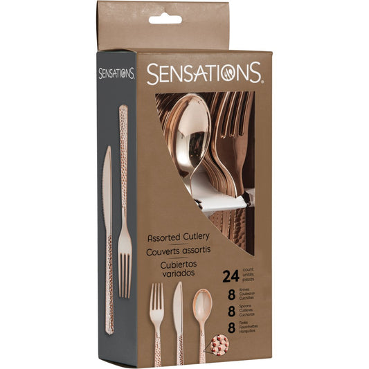 Rosegold hammered finish cutlery set with forks, knives, and spoons in a 24-piece pack.