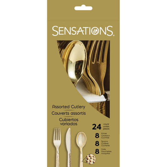 Gold hammered stainless steel assorted cutlery set with forks, knives, and spoons, 24 pieces.