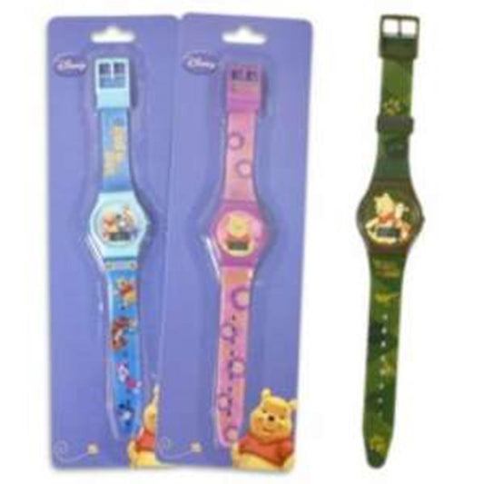 Set of three kids' watches featuring Winnie the Pooh designs, colorful straps in blue, pink, and green with cartoon.
