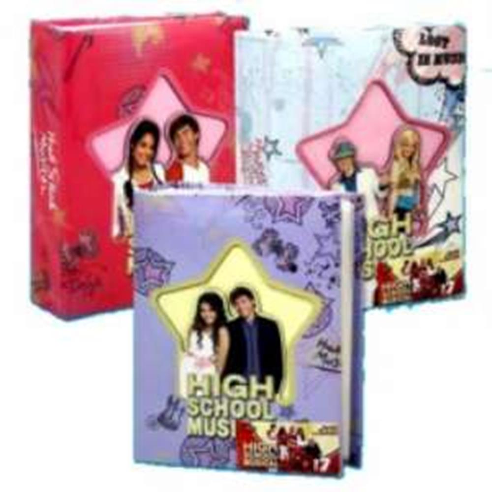 Three colorful High School Musical photo albums with star-shaped cutouts on the cover featuring characters and music-themed.