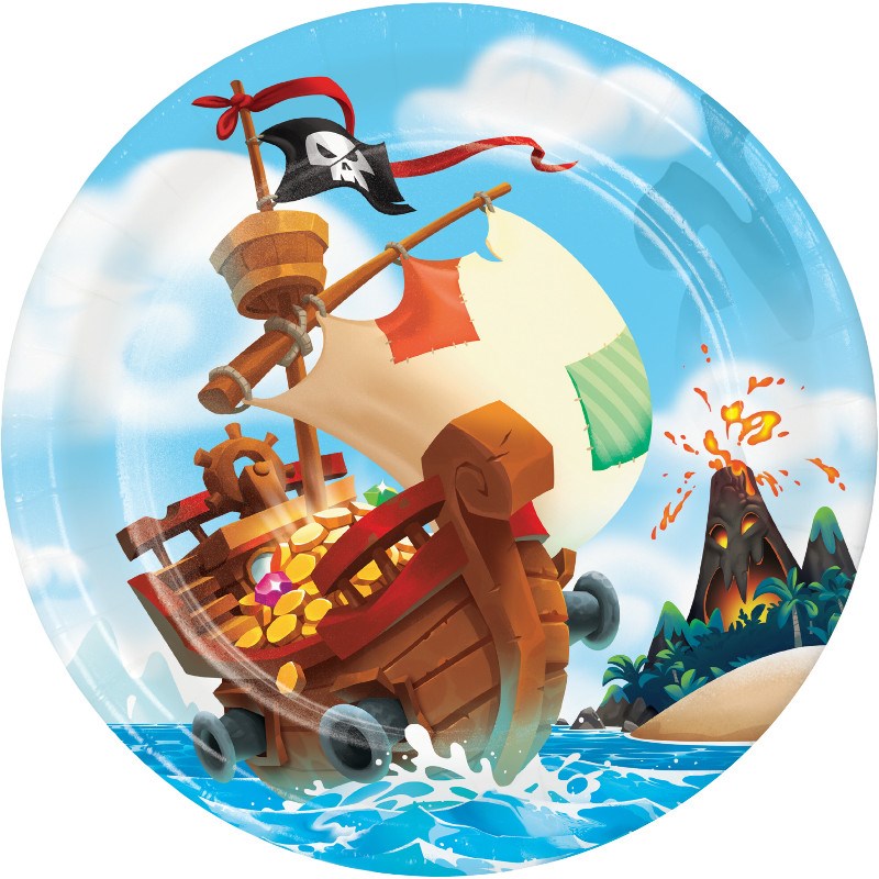 Round blue plastic dinner plate with a pirate ship sailing on ocean waves and a volcano erupting in the background.