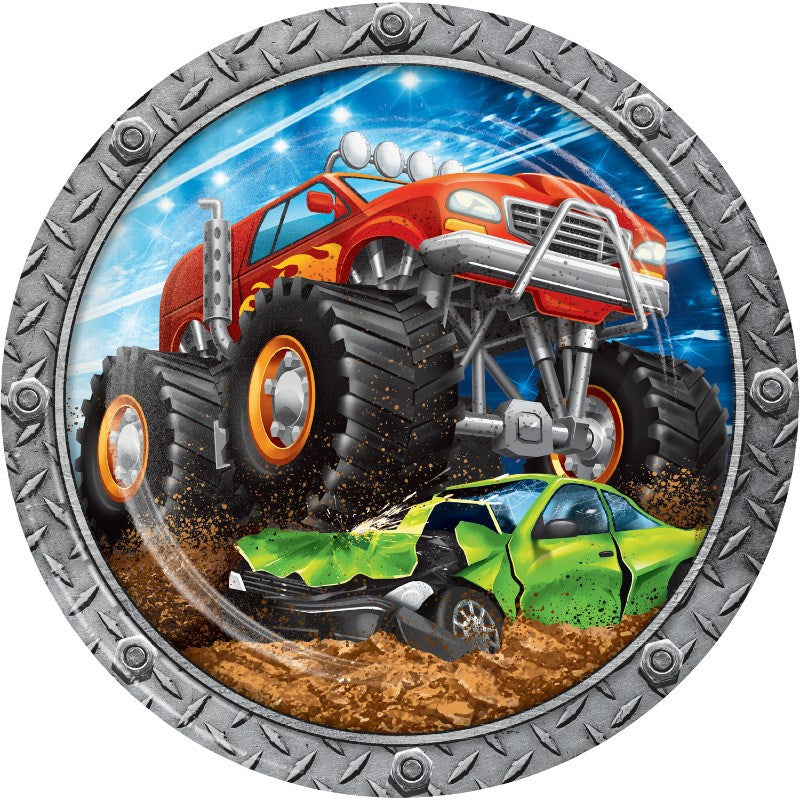 Round disposable dinner plate with a silver tire tread border and a red monster truck crushing a green car on a muddy dirt.