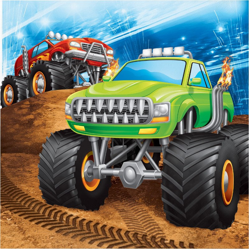 Colorful luncheon napkin with green and red monster trucks racing on dirt terrain under a blue sky.