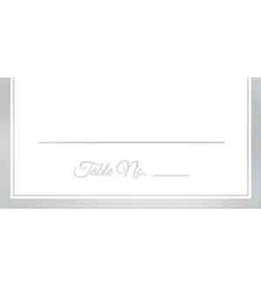 White rectangular place card with silver trim border and cursive "Table No." text in silver at the bottom center.