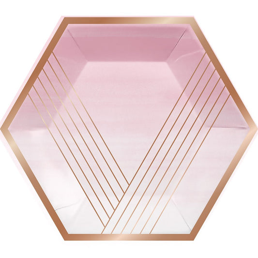 Hexagonal pink plate with rose gold geometric lines and metallic rim, 8-count set.