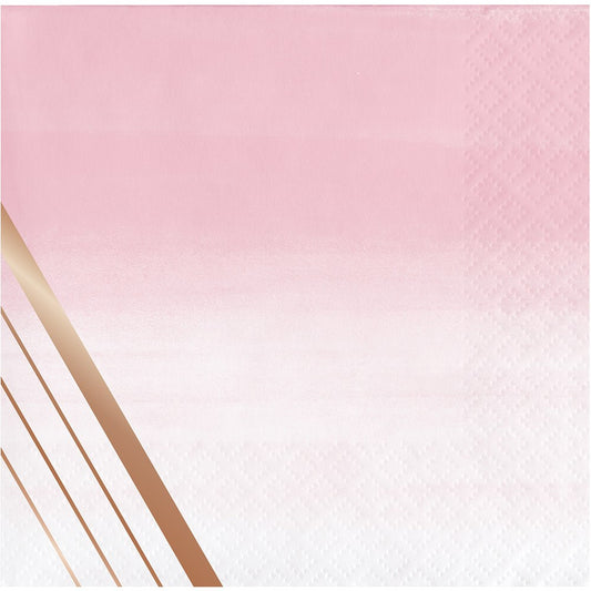Pink and white ombre napkin with rose gold diagonal stripes and embossed floral border.