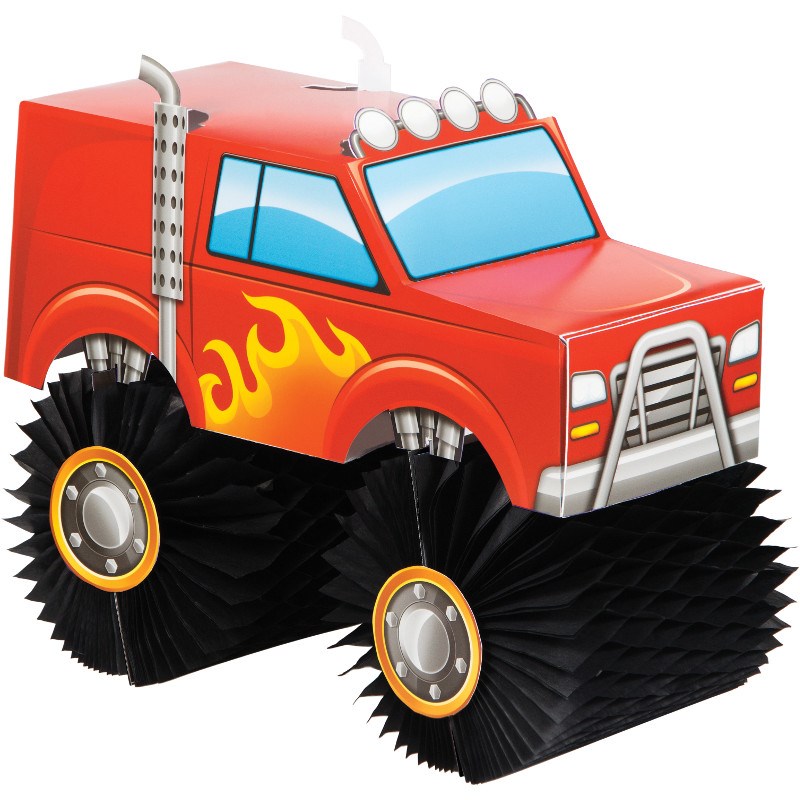 Red monster truck centerpiece with flame decals, blue windows, and black honeycomb wheels.