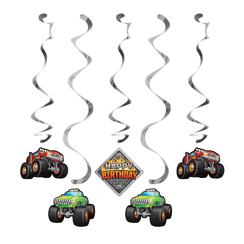 Five silver spiral danglers with alternating monster truck and "Happy Birthday" sign shapes in red, green, black, and orange