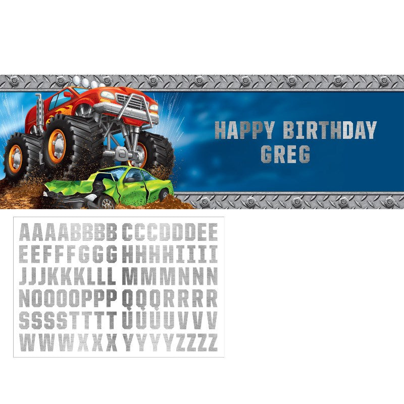 Giant party banner with red monster truck crushes green car on dirt background, silver tire tread border, includes gray.