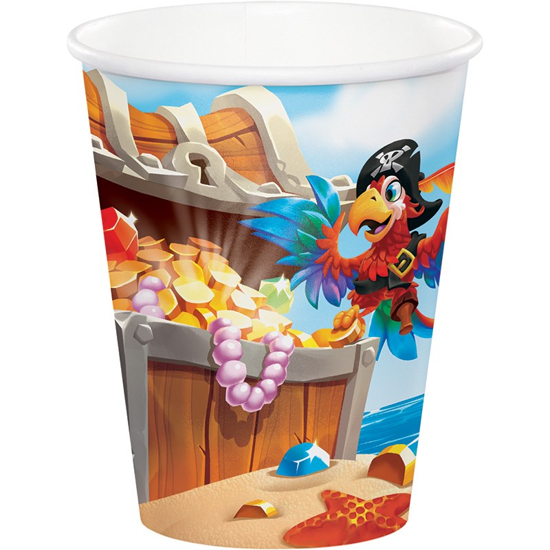 9oz paper cup with colorful pirate treasure chest, gold coins, jewels, and a pirate parrot design.