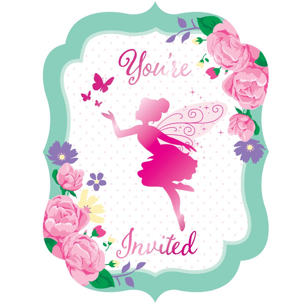 Invitation card with teal scalloped edges, pink fairy silhouette, surrounded by pink and purple flowers and butterflies,.
