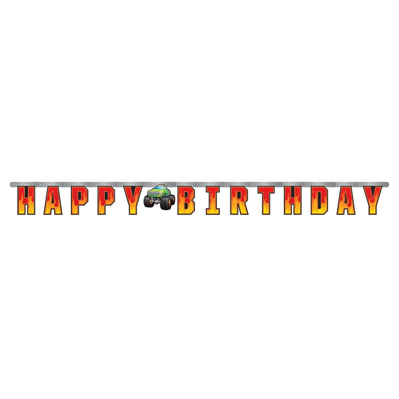Yellow and orange gradient "Happy Birthday" banner with a green monster truck graphic in the center.